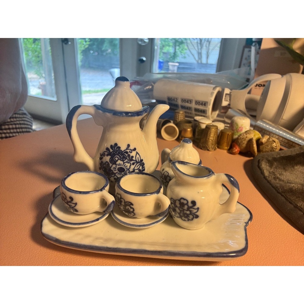 Miniature Porcelain Tea Set Blue White Floral 10pc Handcrafted Dollhouse Decor